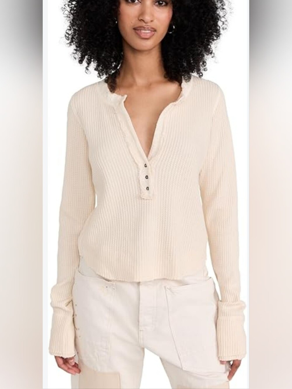Elan Olga Cream/Beige Waffle Crop Henley Top Size small